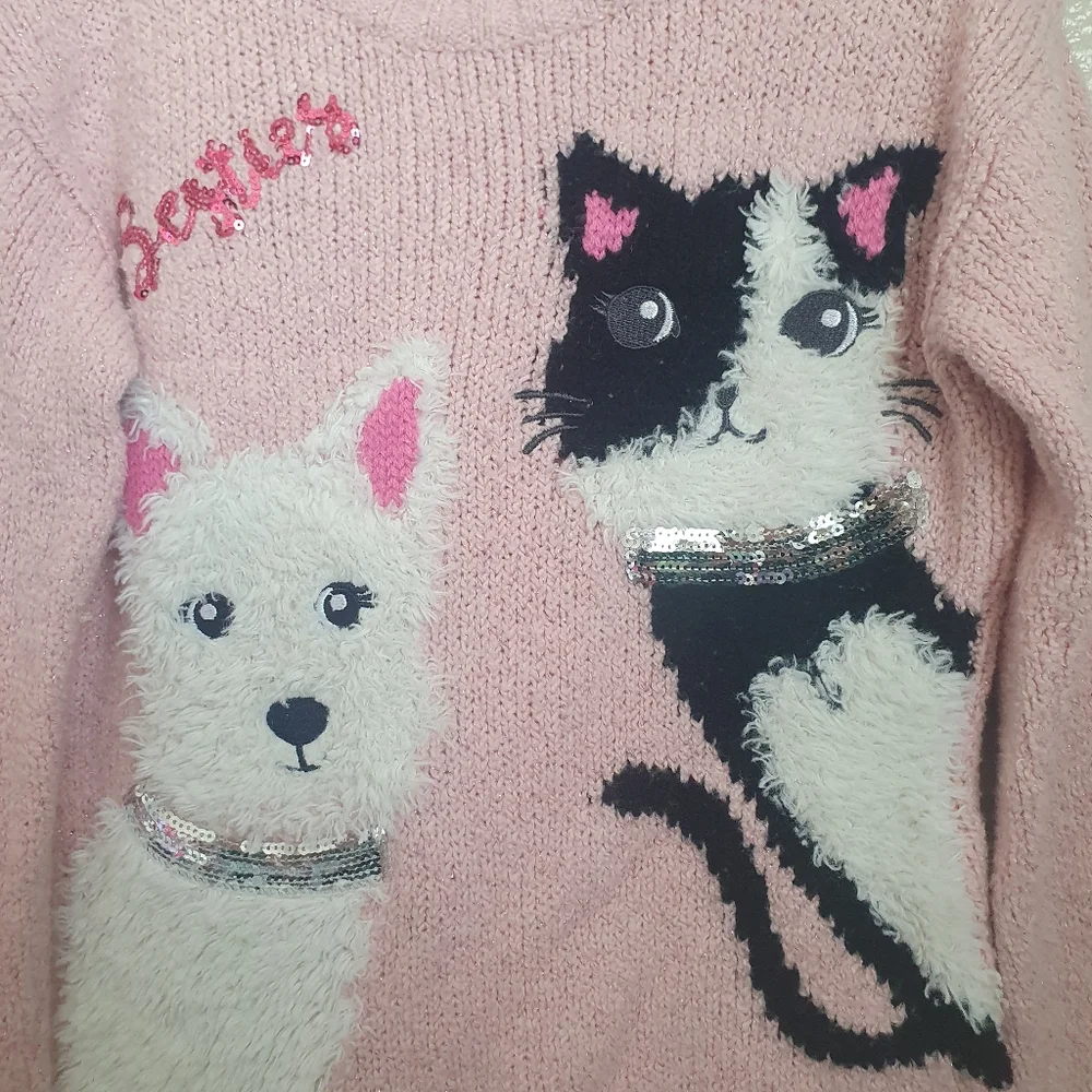 Justice Girl's Besties Dog & Cat Knit Pink Pullover Sweater Sz 6.